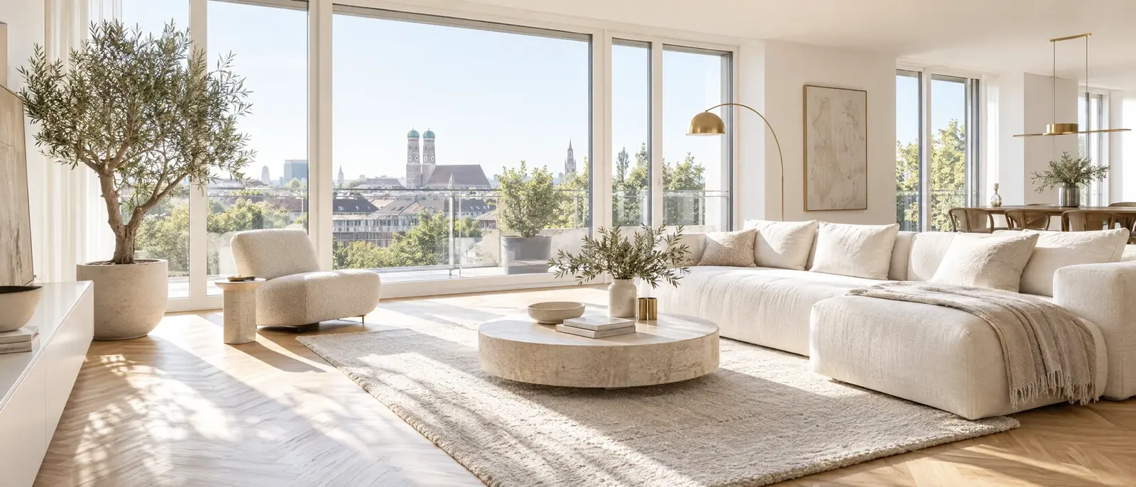 Lichtdurchfluteter Münchner Wohnraum mit Eichenparkett, Leinensofa und großen Fenstern
