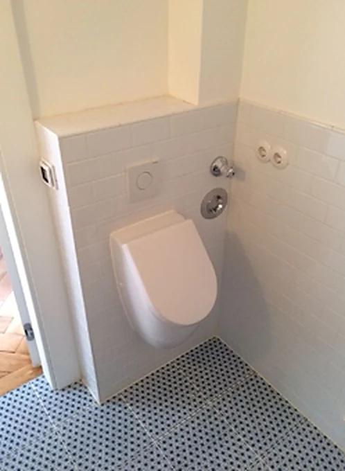 WC-Bereich mit Mosaikfliesenboden und bodentiefen Fliesen